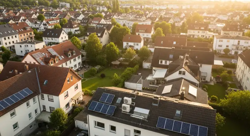Aerial drone view of typical German residential neighborhood with mixed roof types, red and dark roof tiles, gardens visible, sunny day