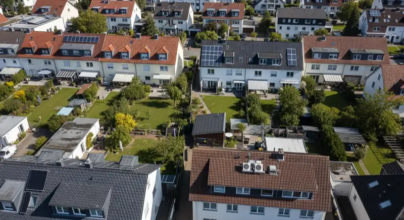 Aerial drone view of typical German residential neighborhood with mixed roof types, red and dark roof tiles, gardens visible, sunny day