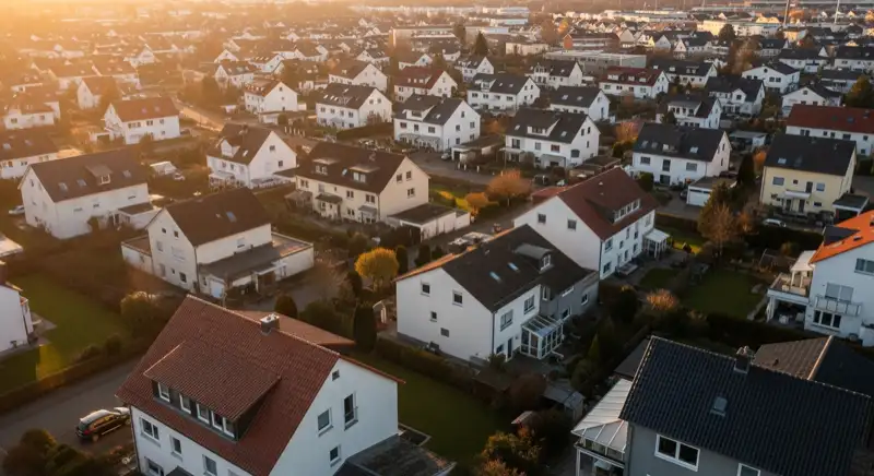 Aerial drone view of typical German residential neighborhood with mixed roof types, red and dark roof tiles, gardens visible, sunny day