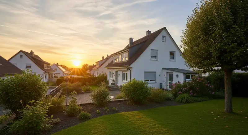 Hausbesitzer-Paar vor Einfamilienhaus in Heilbronn, sonniger Tag, positive Energie-Szenerie
