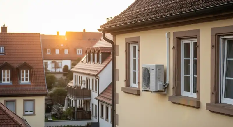 Diskret installierte Wärmepumpen-Außeneinheit an einem denkmalgeschützten Altbau in der Heilbronner Altstadt