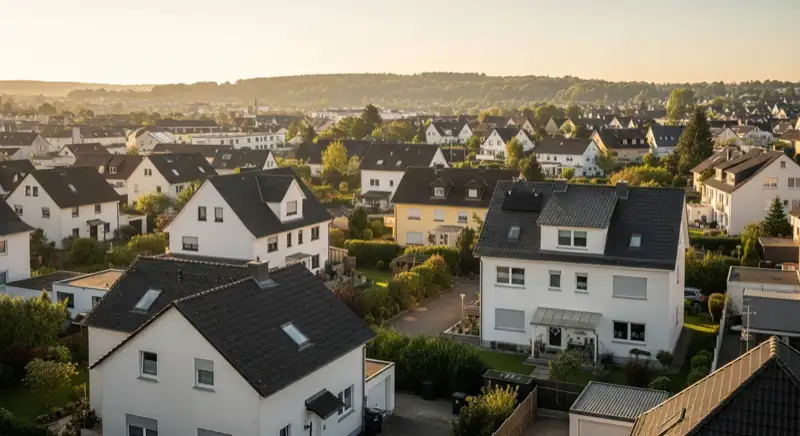 Wohngebiete in Heilbronn mit verschiedenen Bauformen, typische Einfamilienhäuser und Dachstrukturen aus der Luft