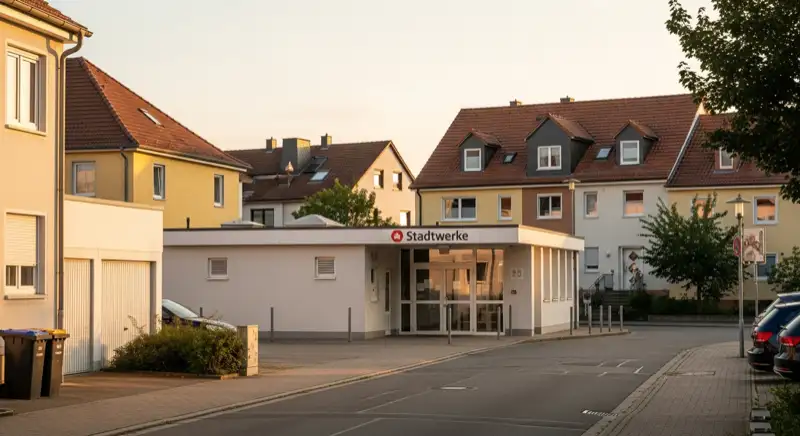 Blick auf das Stadtwerke-Gebäude in Heilbronn mit Service-Eingang, lokale Versorgeratmosphäre