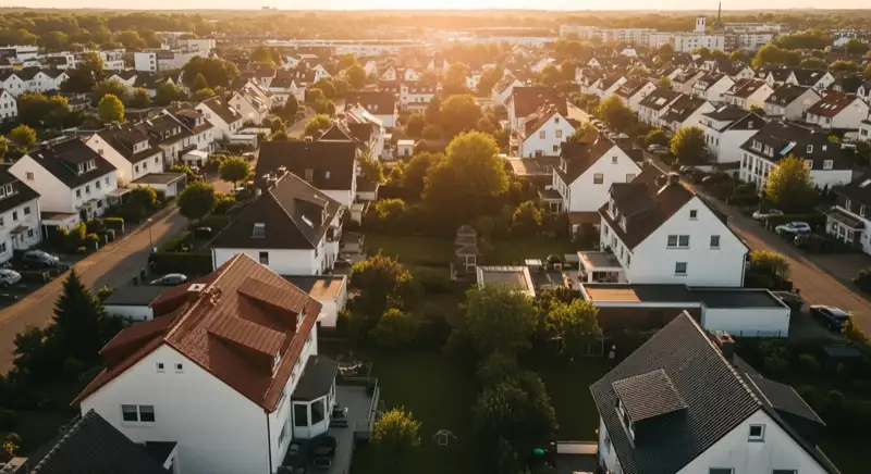 Aerial drone view of typical German residential neighborhood with mixed roof types, red and dark roof tiles, gardens visible, sunny day