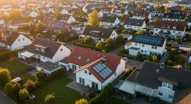 Aerial drone view of typical German residential neighborhood with mixed roof types, red and dark roof tiles, gardens visible, sunny day