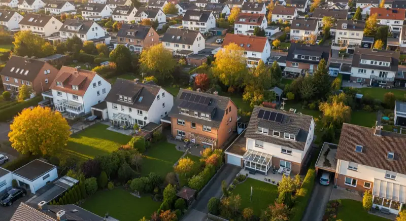 Aerial drone view of typical German residential neighborhood with mixed roof types, red and dark roof tiles, gardens visible, sunny day