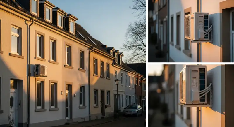 Moderne Wärmepumpen-Außeneinheit an der Fassade eines sanierten Altbaus in Herford