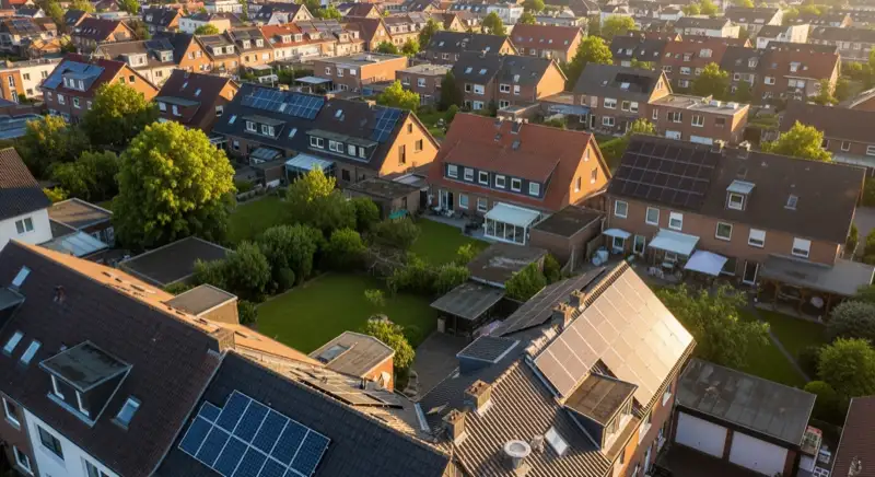 Aerial drone view of typical German residential neighborhood with mixed roof types, red and dark roof tiles, gardens visible, sunny day