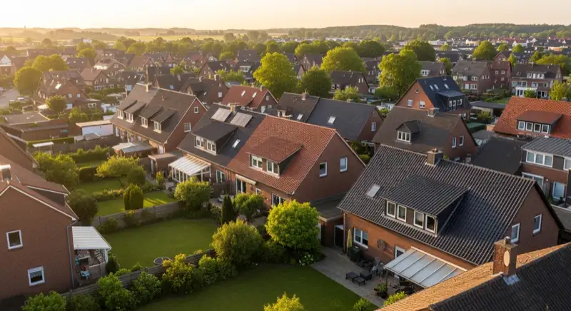 Aerial drone view of typical German residential neighborhood with mixed roof types, red and dark roof tiles, gardens visible, sunny day