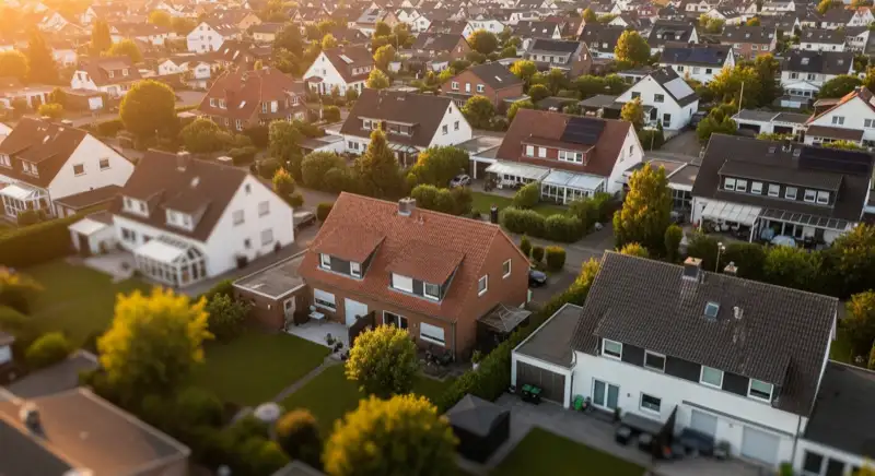 Aerial drone view of typical German residential neighborhood with mixed roof types, red and dark roof tiles, gardens visible, sunny day