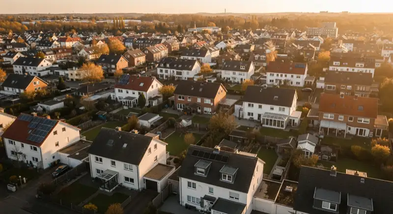 Aerial drone view of typical German residential neighborhood with mixed roof types, red and dark roof tiles, gardens visible, sunny day
