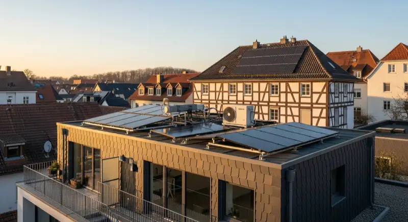 Historisches Fachwerkhaus in Hilden mit modern installierter Wärmepumpe