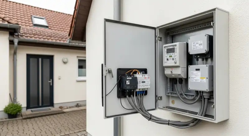 Modern German electrical meter cabinet (Zählerschrank) with smart meter and solar inverter connection, clean technical installation