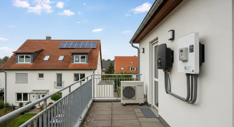Modern German electrical meter cabinet (Zählerschrank) with smart meter and solar inverter connection, clean technical installation