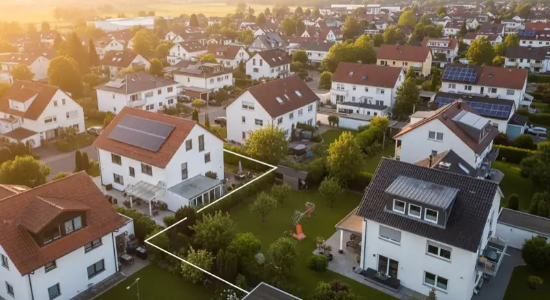 Aerial drone view of typical German residential neighborhood with mixed roof types, red and dark roof tiles, gardens visible, sunny day