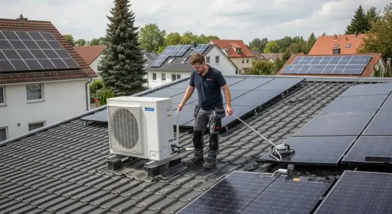 Installateur prüft eine Wärmepumpen-Außeneinheit an einem Wohnhaus in Hofheim am Taunus