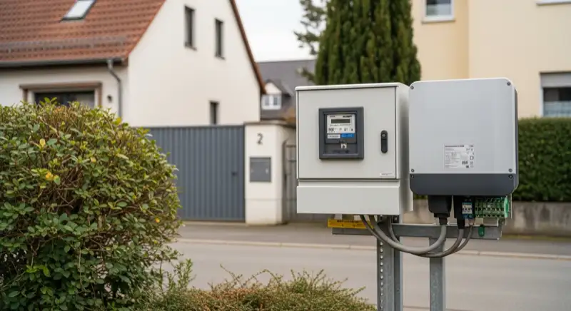 Modern German electrical meter cabinet (Zählerschrank) with smart meter and solar inverter connection, clean technical installation
