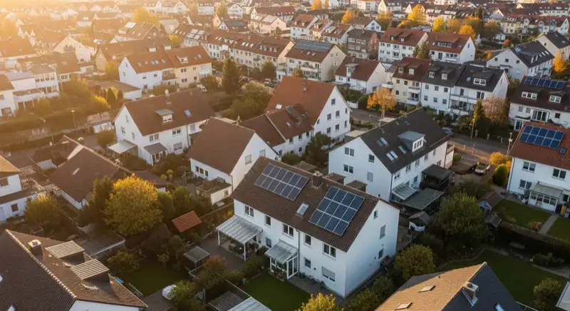Aerial drone view of typical German residential neighborhood with mixed roof types, red and dark roof tiles, gardens visible, sunny day