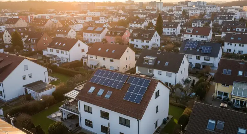 Aerial drone view of typical German residential neighborhood with mixed roof types, red and dark roof tiles, gardens visible, sunny day