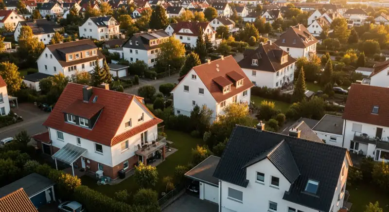 Aerial drone view of typical German residential neighborhood with mixed roof types, red and dark roof tiles, gardens visible, sunny day