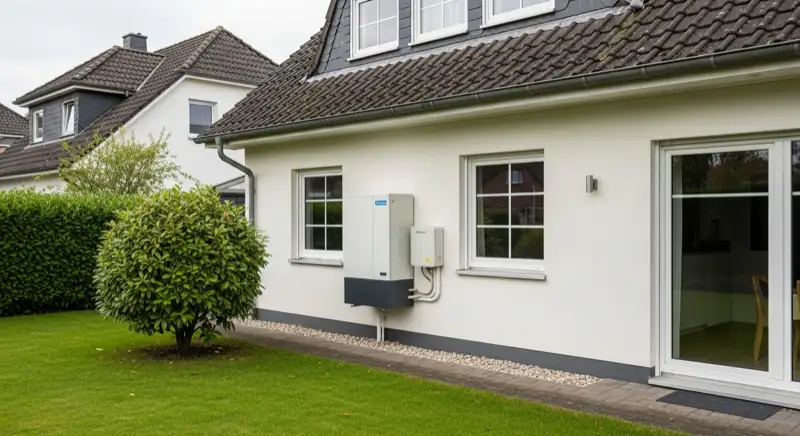 Installateur montiert Luft-Wasser-Wärmepumpe an Außenwand eines Einfamilienhauses in Homburg