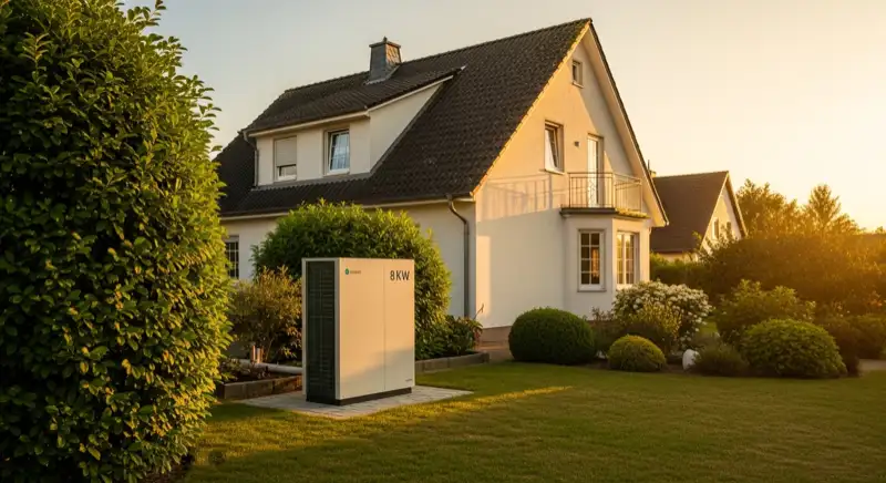 Wärmepumpe Außeneinheit vor typischem Einfamilienhaus in Homburg