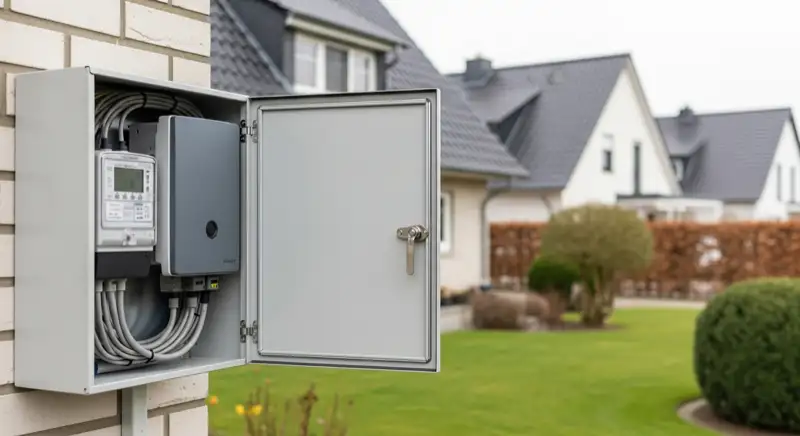 Modern German electrical meter cabinet (Zählerschrank) with smart meter and solar inverter connection, clean technical installation