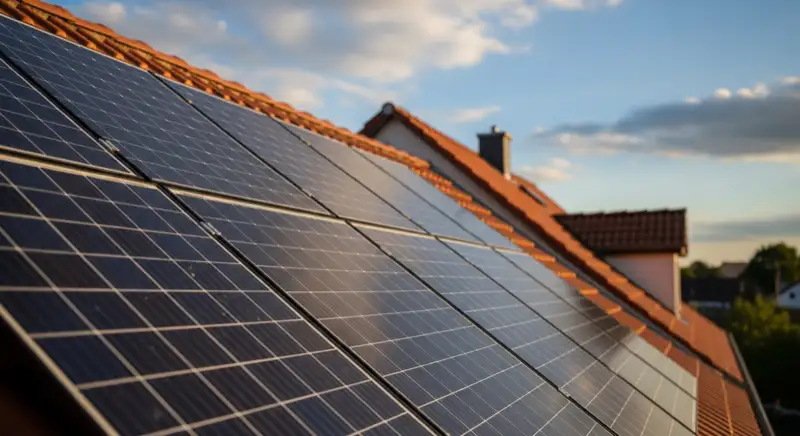 Close-up of photovoltaic solar panels installed on a traditional German Satteldach (gabled roof), blue sky with some clouds
