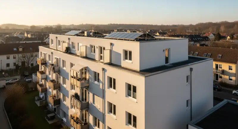 Sanierter Mehrfamilienhausblock in Hoyerswerda-Neustadt mit großem Flachdach