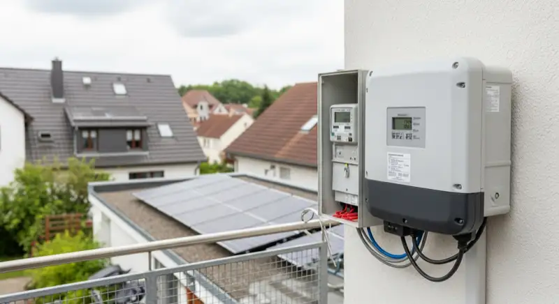 Modern German electrical meter cabinet (Zählerschrank) with smart meter and solar inverter connection, clean technical installation