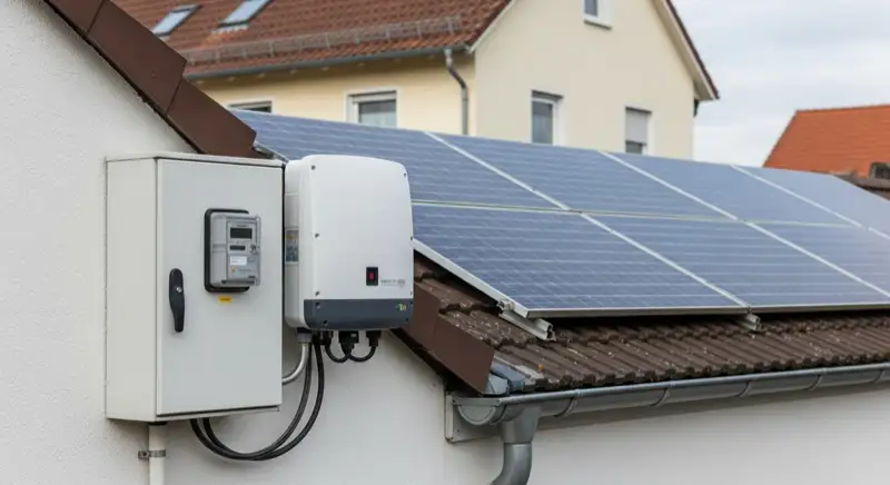 Modern German electrical meter cabinet (Zählerschrank) with smart meter and solar inverter connection, clean technical installation