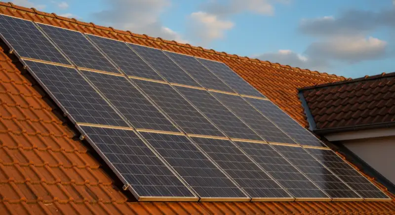 Close-up of photovoltaic solar panels installed on a traditional German Satteldach (gabled roof), blue sky with some clouds