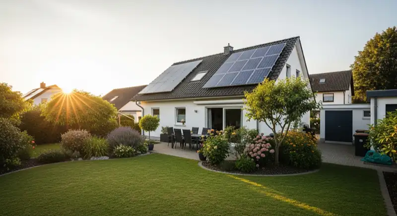 German detached house (Einfamilienhaus) with photovoltaic panels on pitched roof, well-maintained garden, warm afternoon sunlight