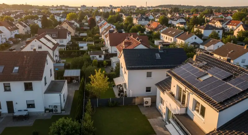 Aerial drone view of typical German residential neighborhood with mixed roof types, red and dark roof tiles, gardens visible, sunny day