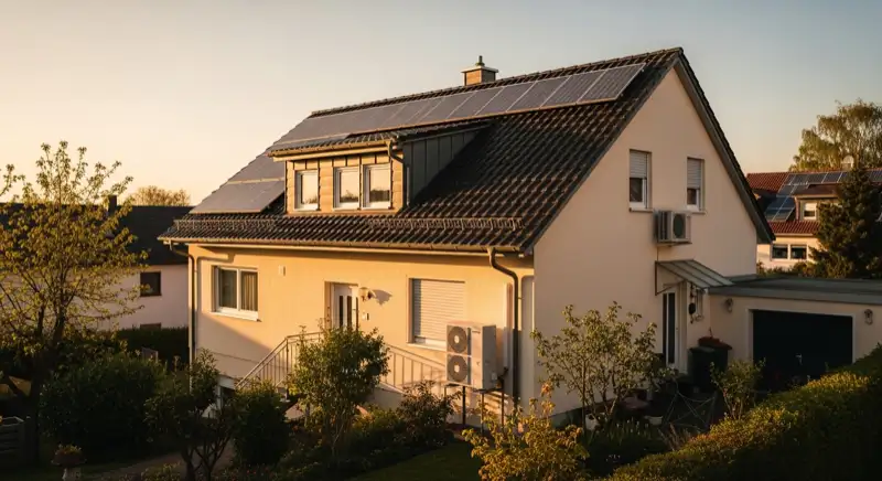 Einfamilienhaus in Ingelheim am Rhein mit PV-Anlage auf dem Dach und Wärmepumpen-Außeneinheit
