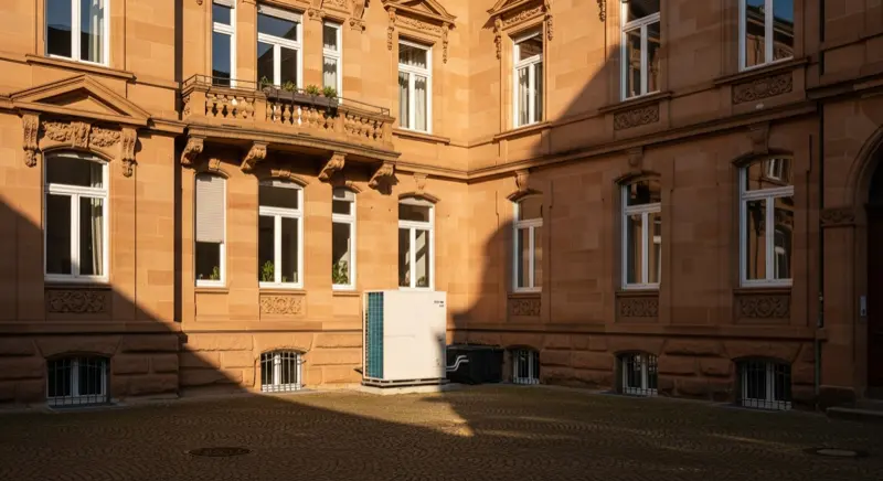 Wärmepumpe an einem Karlsruher Altbau in der Südweststadt, Gründerzeitfassade