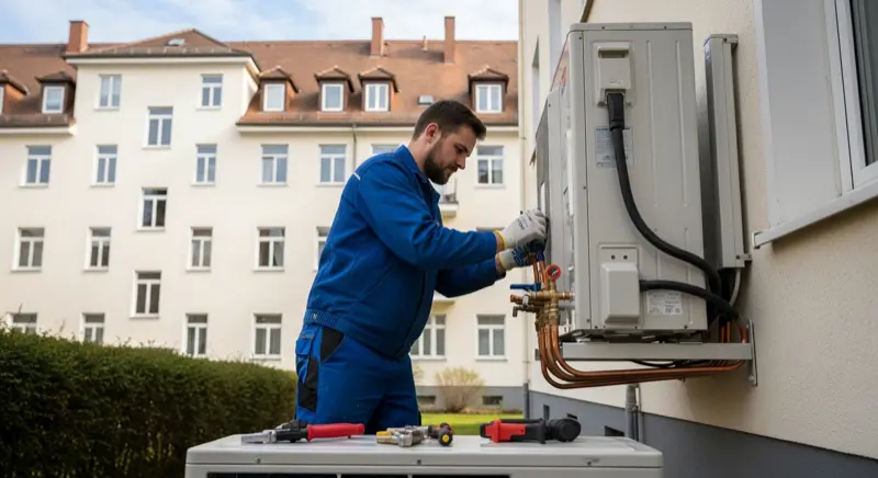Heizungsmonteur bei der Wärmepumpen-Installation vor einem Karlsruher Einfamilienhaus