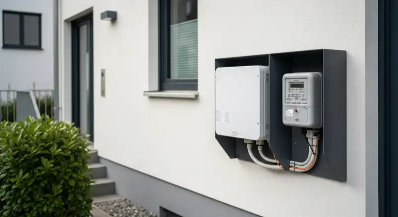 Modern German electrical meter cabinet (Zählerschrank) with smart meter and solar inverter connection, clean technical installation