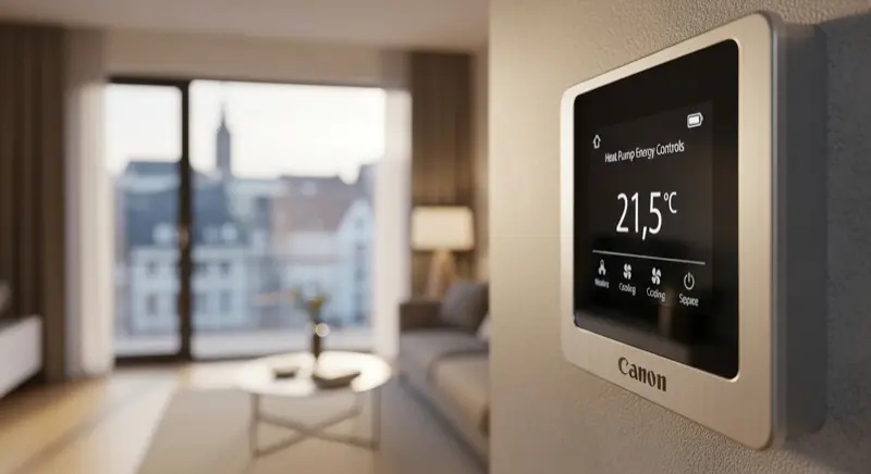 Smart-Home-Steuerung einer Wärmepumpe in Karlsruhe, digitales Thermostat an der Wand