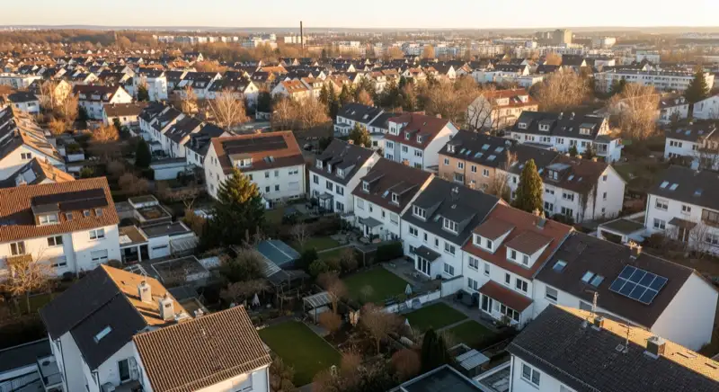 Aerial drone view of typical German residential neighborhood with mixed roof types, red and dark roof tiles, gardens visible, sunny day