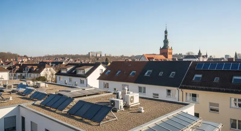Aerial drone view of typical German residential neighborhood with mixed roof types, red and dark roof tiles, gardens visible, sunny day