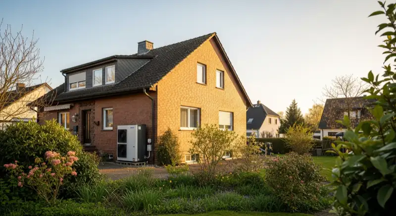Wärmepumpen-Außeneinheit vor typischem Karlsruher Einfamilienhaus der 70er Jahre