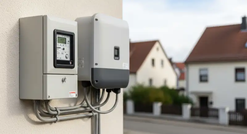 Modern German electrical meter cabinet (Zählerschrank) with smart meter and solar inverter connection, clean technical installation