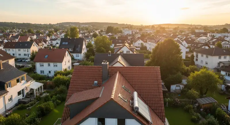 Aerial drone view of typical German residential neighborhood with mixed roof types, red and dark roof tiles, gardens visible, sunny day