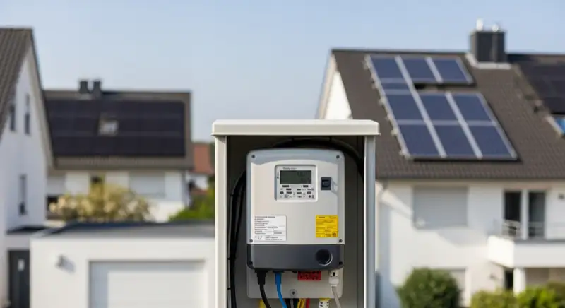 Modern German electrical meter cabinet (Zählerschrank) with smart meter and solar inverter connection, clean technical installation