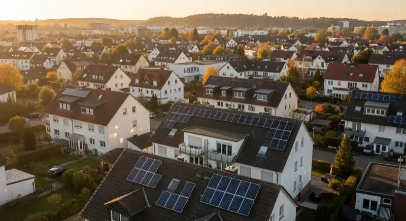 Aerial drone view of typical German residential neighborhood with mixed roof types, red and dark roof tiles, gardens visible, sunny day