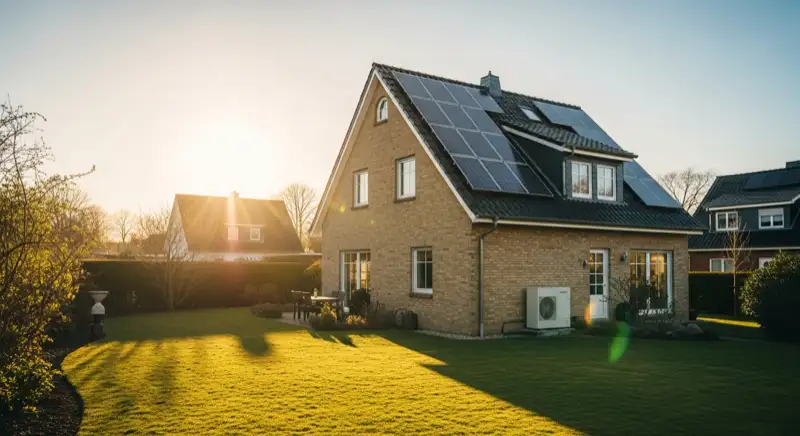 German detached house (Einfamilienhaus) with photovoltaic panels on pitched roof, well-maintained garden, warm afternoon sunlight