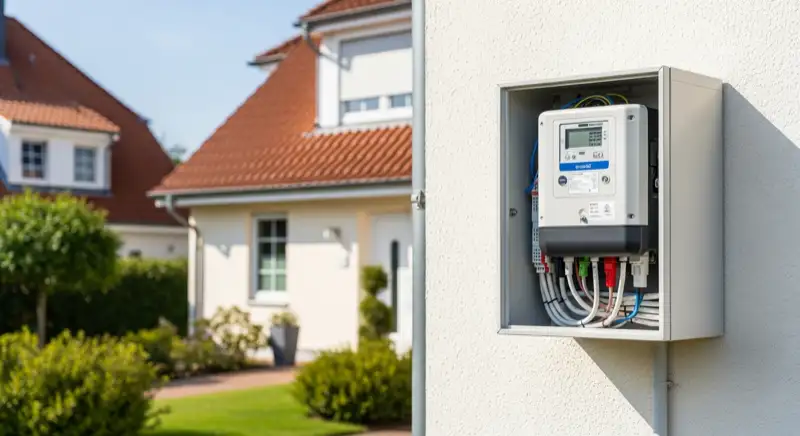 Modern German electrical meter cabinet (Zählerschrank) with smart meter and solar inverter connection, clean technical installation