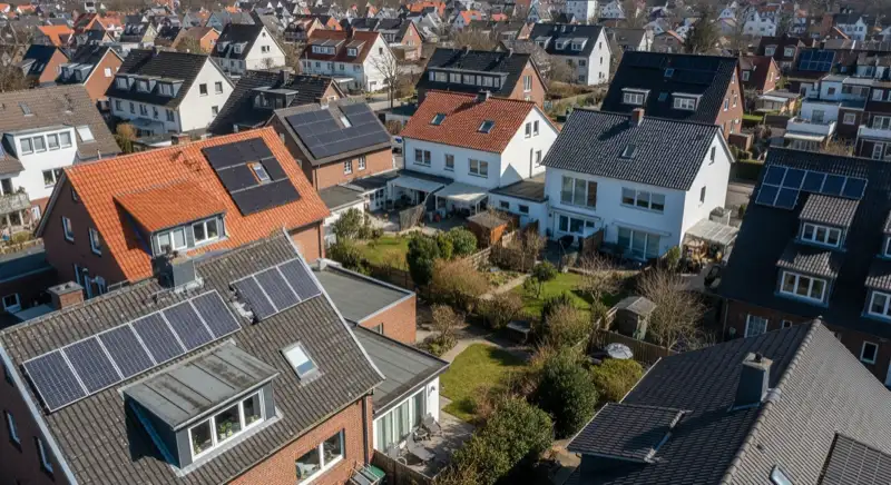 Aerial drone view of typical German residential neighborhood with mixed roof types, red and dark roof tiles, gardens visible, sunny day