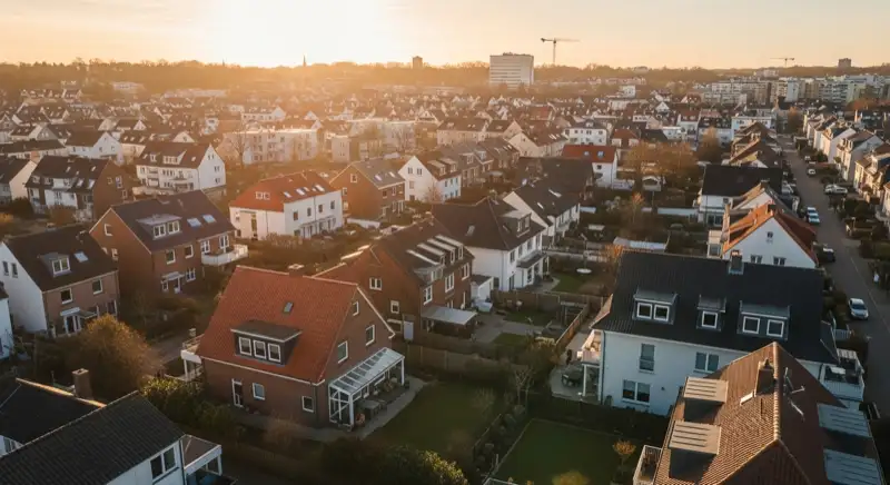 Aerial drone view of typical German residential neighborhood with mixed roof types, red and dark roof tiles, gardens visible, sunny day